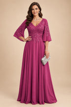 A-Line Chiffon 3/4 Flutter Sleeves Mother of the Bride & Groom Dresses with Beaded Lace Embroidered Bodice (SHI22500645)