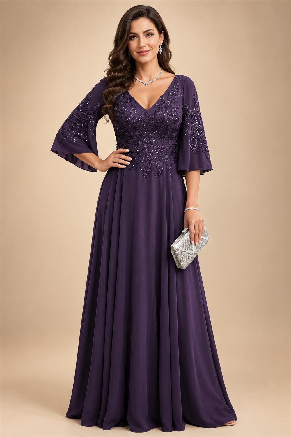 A-Line Chiffon 3/4 Flutter Sleeves Mother of the Bride & Groom Dresses with Beaded Lace Embroidered Bodice (SHI22500645)