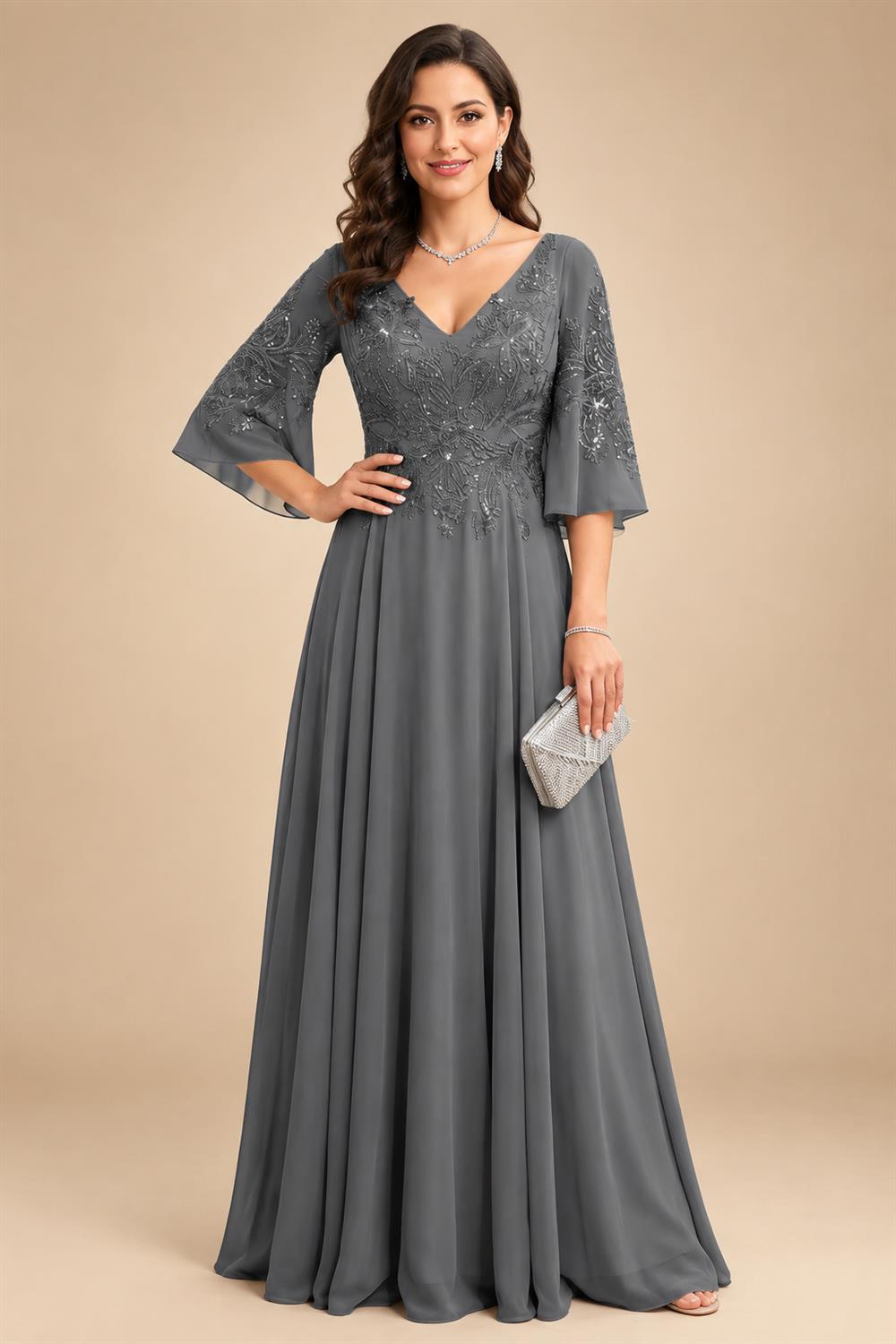 A-Line Chiffon 3/4 Flutter Sleeves Mother of the Bride & Groom Dresses with Beaded Lace Embroidered Bodice (SHI22500645)