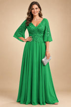 A-Line Chiffon 3/4 Flutter Sleeves Mother of the Bride & Groom Dresses with Beaded Lace Embroidered Bodice (SHI22500645)