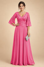 A-Line Chiffon 3/4 Flutter Sleeves Mother of the Bride & Groom Dresses with Beaded Lace Embroidered Bodice (SHI22500645)