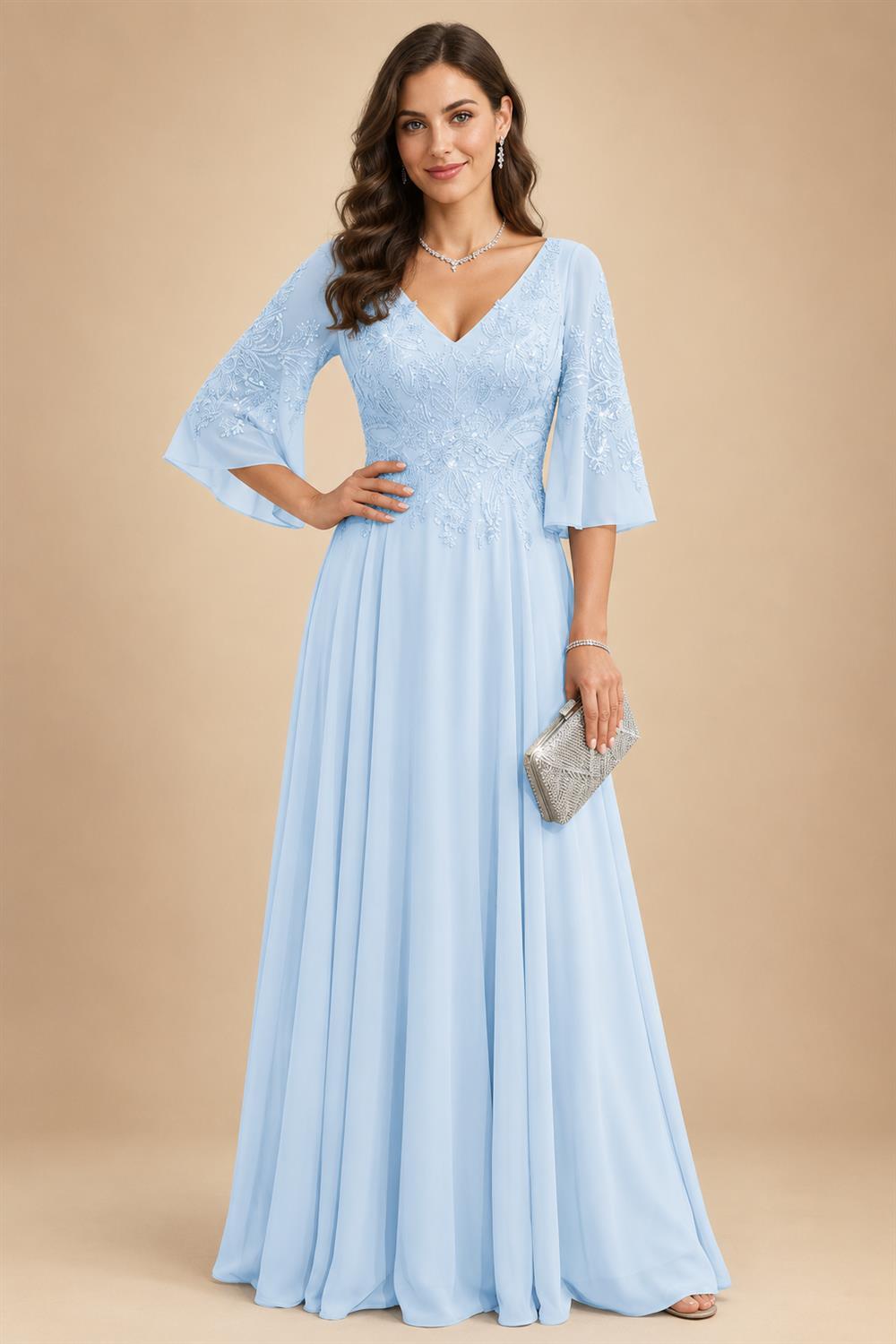 A-Line Chiffon 3/4 Flutter Sleeves Mother of the Bride & Groom Dresses with Beaded Lace Embroidered Bodice (SHI22500645)
