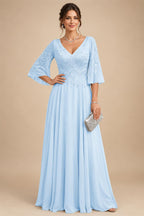 A-Line Chiffon 3/4 Flutter Sleeves Mother of the Bride & Groom Dresses with Beaded Lace Embroidered Bodice (SHI22500645)
