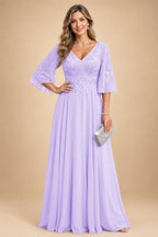 A-Line Chiffon 3/4 Flutter Sleeves Mother of the Bride & Groom Dresses with Beaded Lace Embroidered Bodice (SHI22500645)