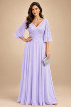 A-Line Chiffon 3/4 Flutter Sleeves Mother of the Bride & Groom Dresses with Beaded Lace Embroidered Bodice (SHI22500645)