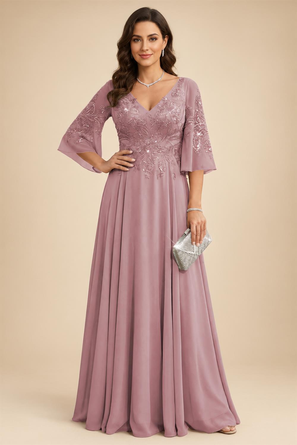 A-Line Chiffon 3/4 Flutter Sleeves Mother of the Bride & Groom Dresses with Beaded Lace Embroidered Bodice (SHI22500645)