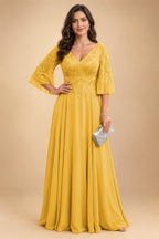 A-Line Chiffon 3/4 Flutter Sleeves Mother of the Bride & Groom Dresses with Beaded Lace Embroidered Bodice (SHI22500645)