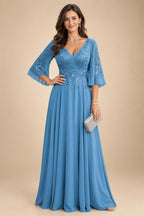 A-Line Chiffon 3/4 Flutter Sleeves Mother of the Bride & Groom Dresses with Beaded Lace Embroidered Bodice (SHI22500645)