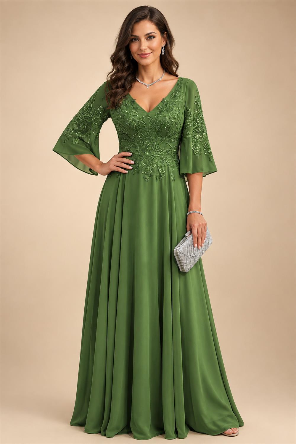 A-Line Chiffon 3/4 Flutter Sleeves Mother of the Bride & Groom Dresses with Beaded Lace Embroidered Bodice (SHI22500645)
