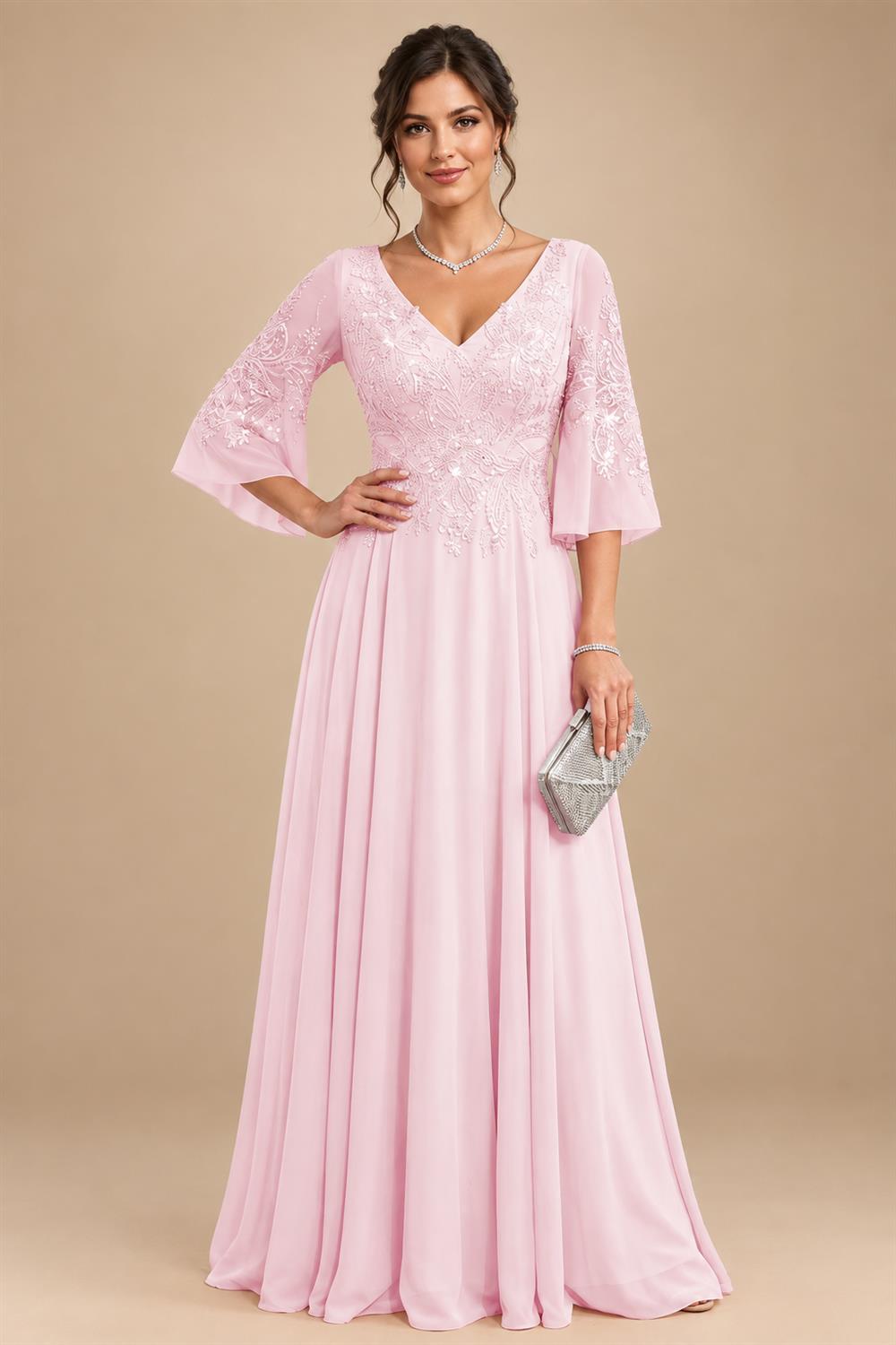 A-Line Chiffon 3/4 Flutter Sleeves Mother of the Bride & Groom Dresses with Beaded Lace Embroidered Bodice (SHI22500645)