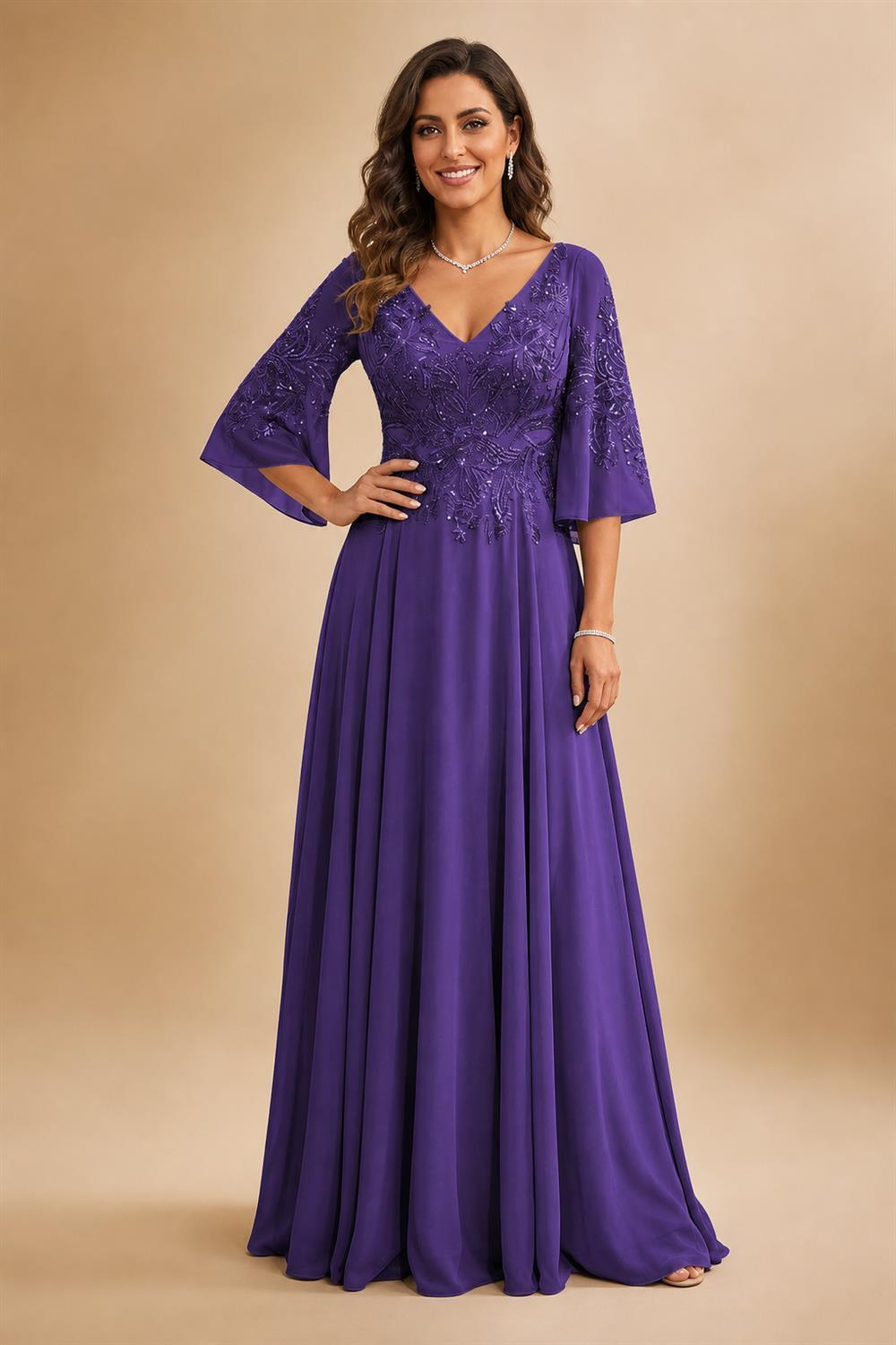 A-Line Chiffon 3/4 Flutter Sleeves Mother of the Bride & Groom Dresses with Beaded Lace Embroidered Bodice (SHI22500645)