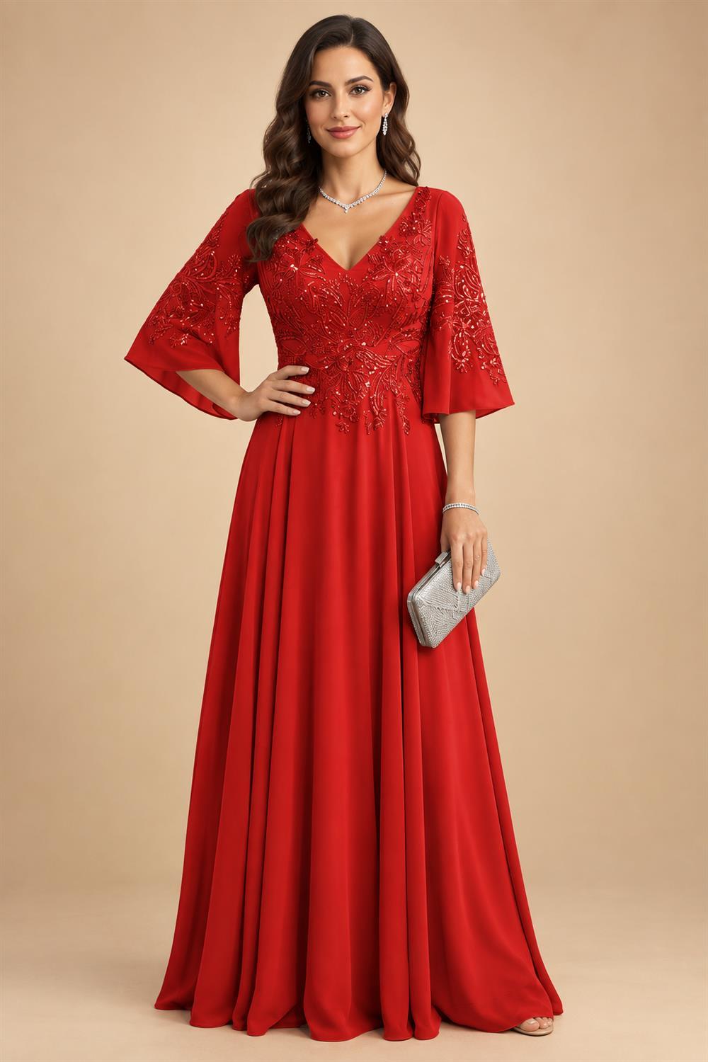 A-Line Chiffon 3/4 Flutter Sleeves Mother of the Bride & Groom Dresses with Beaded Lace Embroidered Bodice (SHI22500645)
