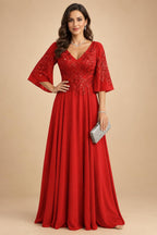 A-Line Chiffon 3/4 Flutter Sleeves Mother of the Bride & Groom Dresses with Beaded Lace Embroidered Bodice (SHI22500645)