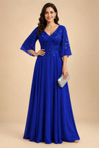 A-Line Chiffon 3/4 Flutter Sleeves Mother of the Bride & Groom Dresses with Beaded Lace Embroidered Bodice (SHI22500645)