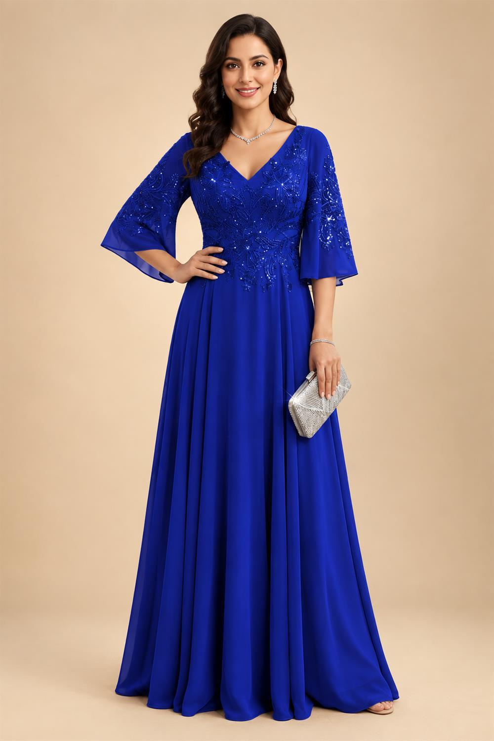 A-Line Chiffon 3/4 Flutter Sleeves Mother of the Bride & Groom Dresses with Beaded Lace Embroidered Bodice (SHI22500645)