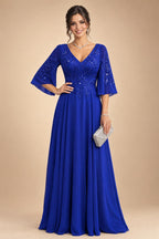 A-Line Chiffon 3/4 Flutter Sleeves Mother of the Bride & Groom Dresses with Beaded Lace Embroidered Bodice (SHI22500645)