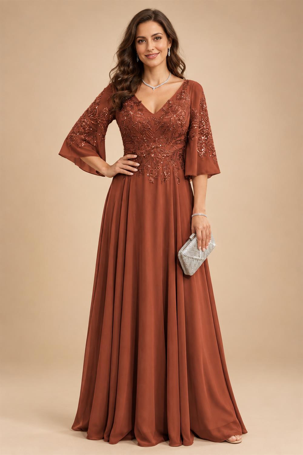A-Line Chiffon 3/4 Flutter Sleeves Mother of the Bride & Groom Dresses with Beaded Lace Embroidered Bodice (SHI22500645)