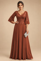 A-Line Chiffon 3/4 Flutter Sleeves Mother of the Bride & Groom Dresses with Beaded Lace Embroidered Bodice (SHI22500645)