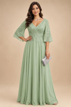 A-Line Chiffon 3/4 Flutter Sleeves Mother of the Bride & Groom Dresses with Beaded Lace Embroidered Bodice (SHI22500645)