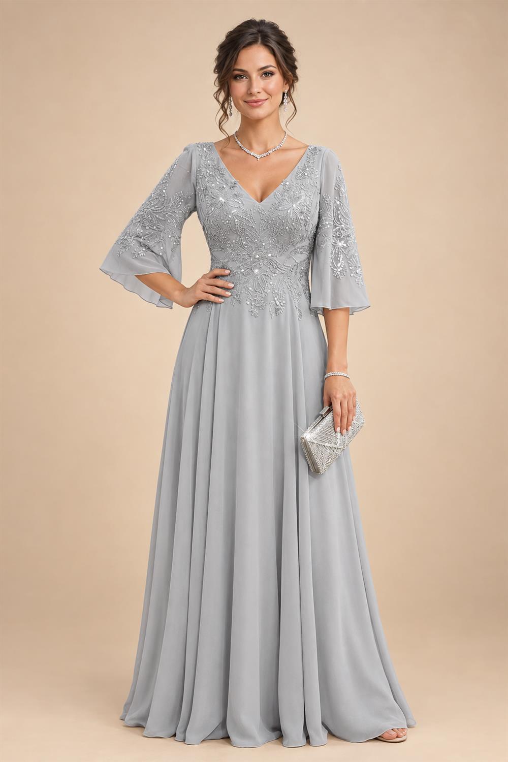 A-Line Chiffon 3/4 Flutter Sleeves Mother of the Bride & Groom Dresses with Beaded Lace Embroidered Bodice (SHI22500645)