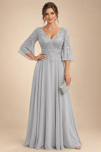 A-Line Chiffon 3/4 Flutter Sleeves Mother of the Bride & Groom Dresses with Beaded Lace Embroidered Bodice (SHI22500645)