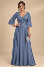 A-Line Chiffon 3/4 Flutter Sleeves Mother of the Bride & Groom Dresses with Beaded Lace Embroidered Bodice (SHI22500645)
