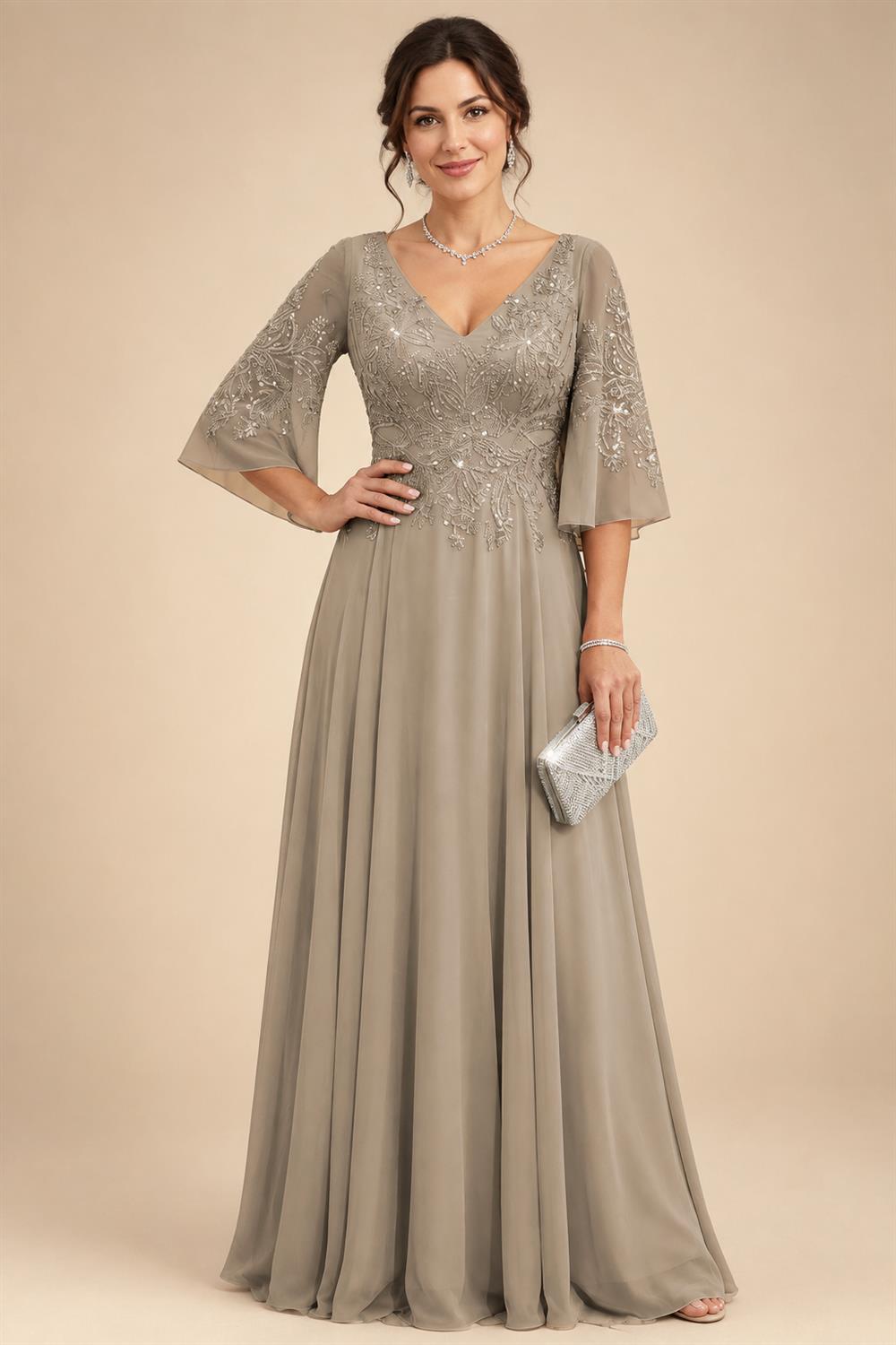 A-Line Chiffon 3/4 Flutter Sleeves Mother of the Bride & Groom Dresses with Beaded Lace Embroidered Bodice (SHI22500645)