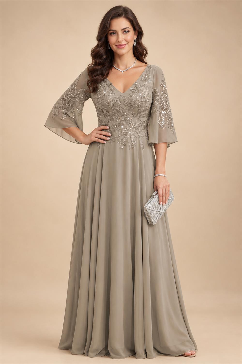 A-Line Chiffon 3/4 Flutter Sleeves Mother of the Bride & Groom Dresses with Beaded Lace Embroidered Bodice (SHI22500645)