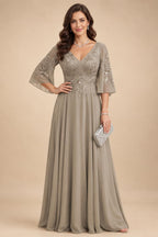 A-Line Chiffon 3/4 Flutter Sleeves Mother of the Bride & Groom Dresses with Beaded Lace Embroidered Bodice (SHI22500645)