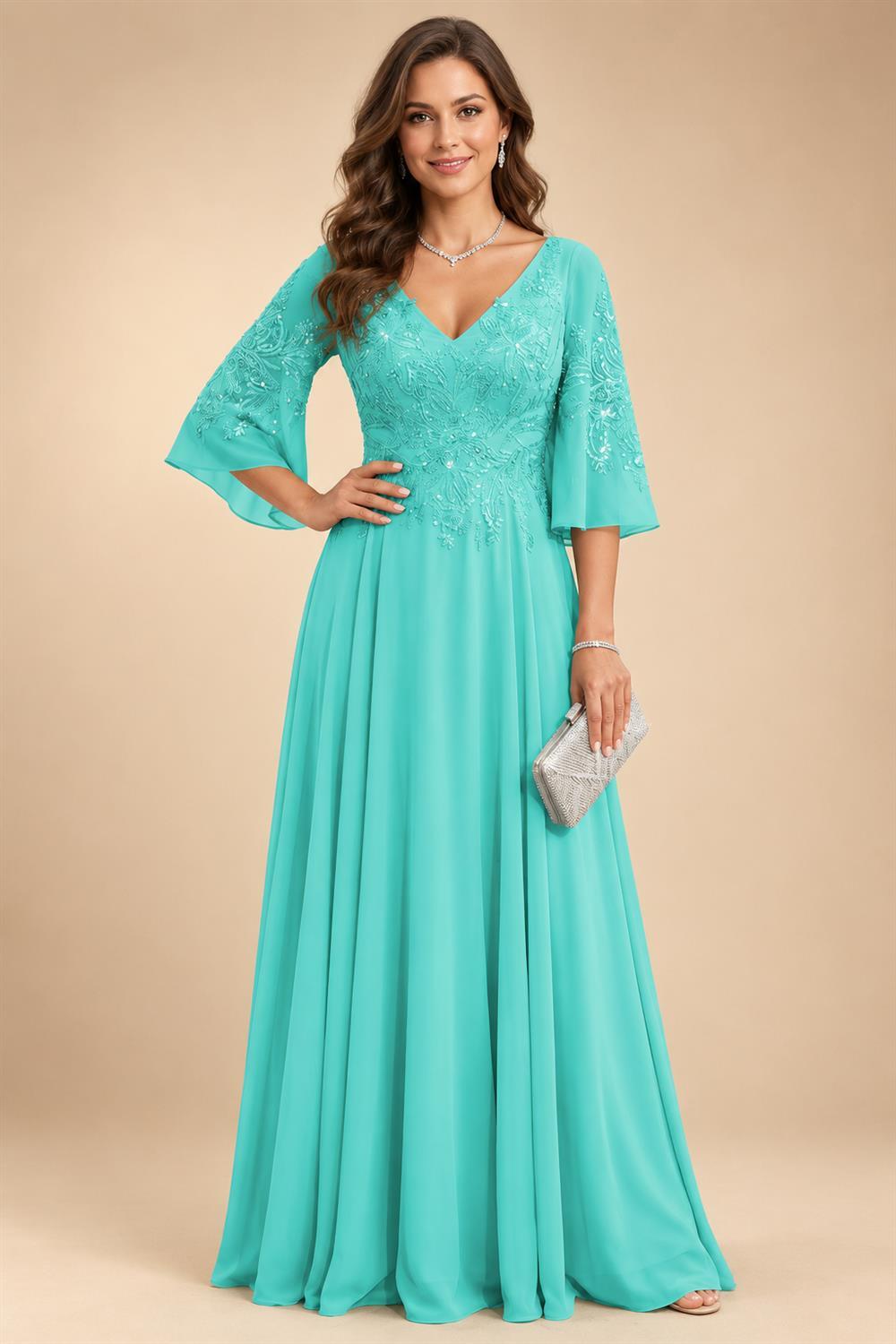 A-Line Chiffon 3/4 Flutter Sleeves Mother of the Bride & Groom Dresses with Beaded Lace Embroidered Bodice (SHI22500645)