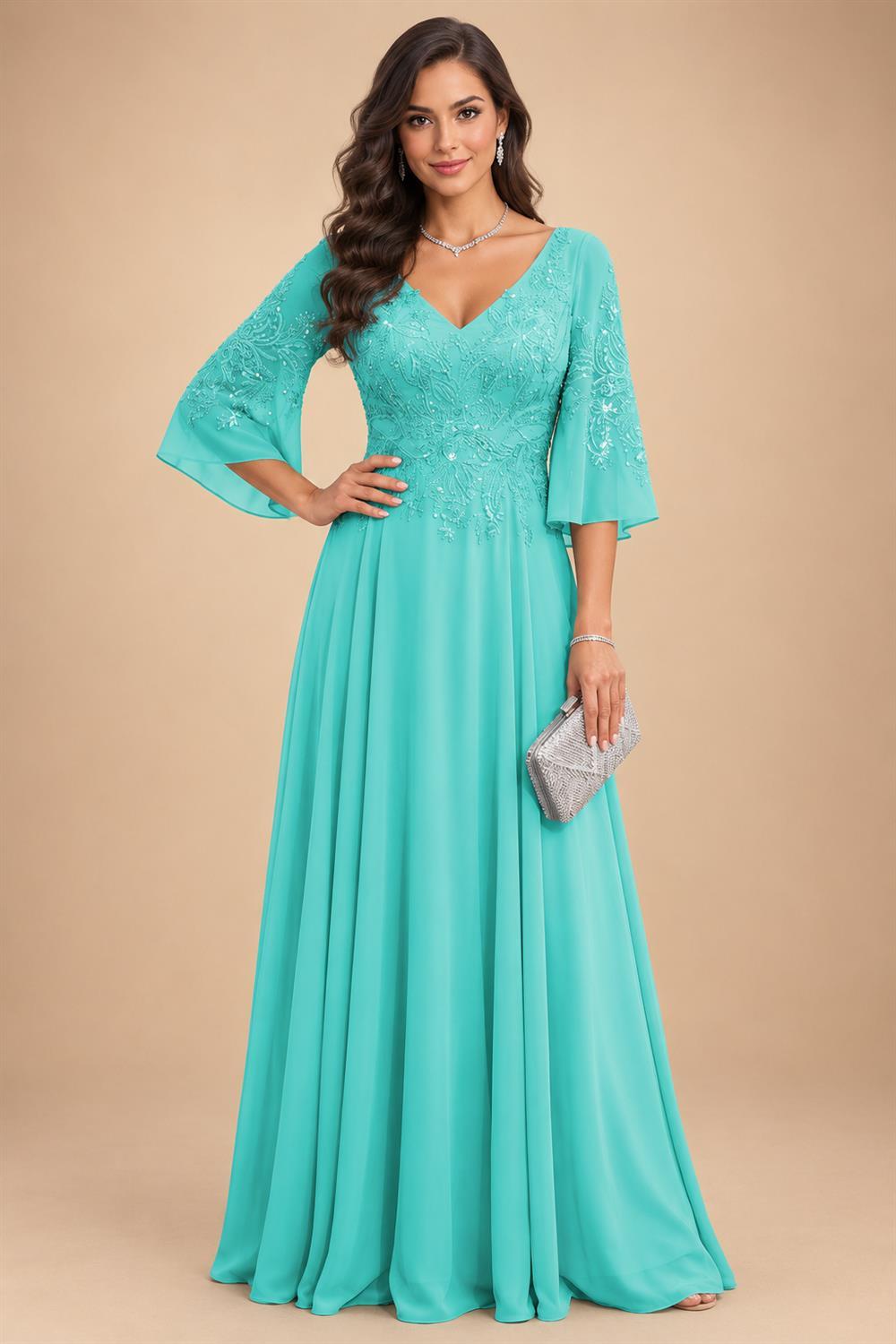 A-Line Chiffon 3/4 Flutter Sleeves Mother of the Bride & Groom Dresses with Beaded Lace Embroidered Bodice (SHI22500645)