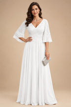A-Line Chiffon 3/4 Flutter Sleeves Mother of the Bride & Groom Dresses with Beaded Lace Embroidered Bodice (SHI22500645)