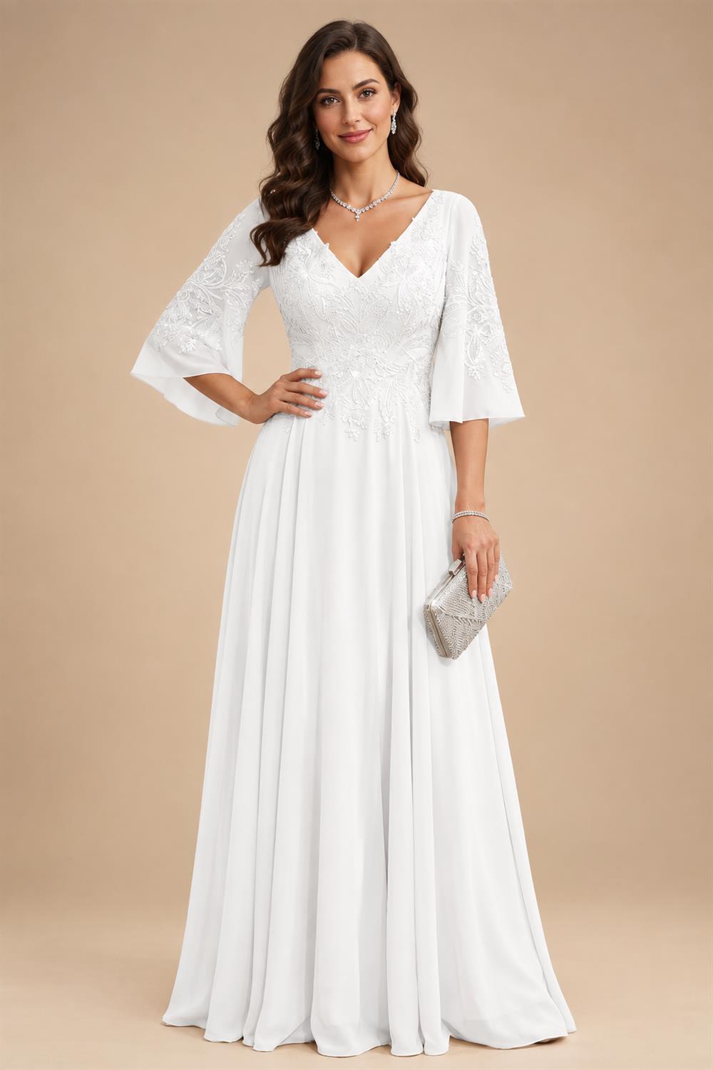 A-Line Chiffon 3/4 Flutter Sleeves Mother of the Bride & Groom Dresses with Beaded Lace Embroidered Bodice (SHI22500645)