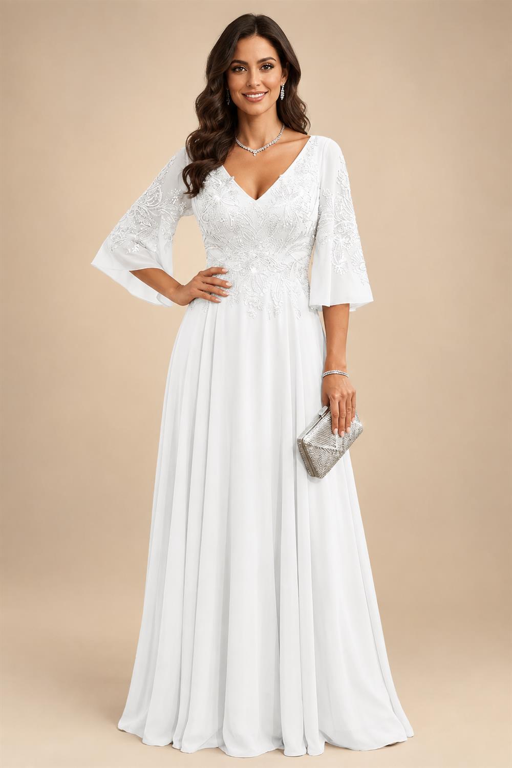 A-Line Chiffon 3/4 Flutter Sleeves Mother of the Bride & Groom Dresses with Beaded Lace Embroidered Bodice (SHI22500645)