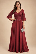 A-Line Chiffon 3/4 Flutter Sleeves Mother of the Bride & Groom Dresses with Beaded Lace Embroidered Bodice (SHI22500645)