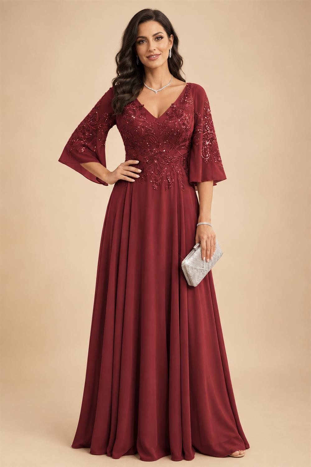 A-Line Chiffon 3/4 Flutter Sleeves Mother of the Bride & Groom Dresses with Beaded Lace Embroidered Bodice (SHI22500645)