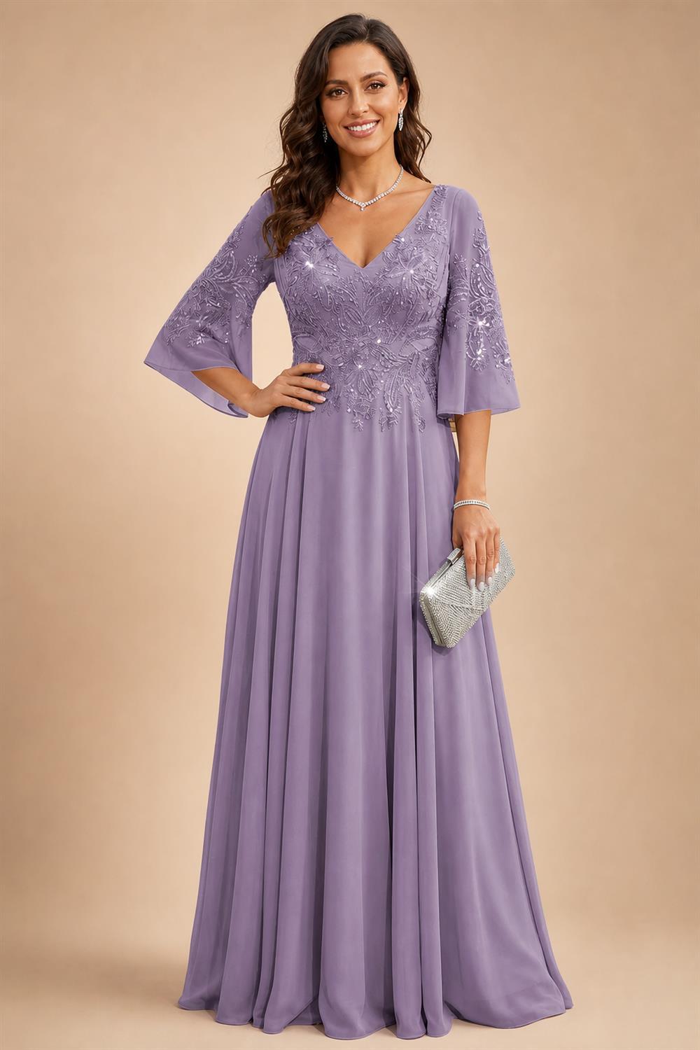 A-Line Chiffon 3/4 Flutter Sleeves Mother of the Bride & Groom Dresses with Beaded Lace Embroidered Bodice (SHI22500645)