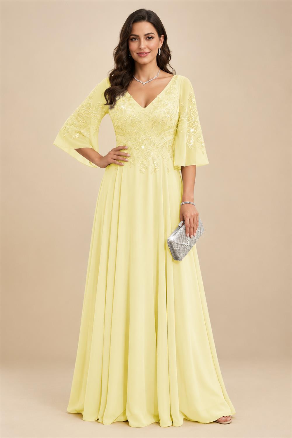 A-Line Chiffon 3/4 Flutter Sleeves Mother of the Bride & Groom Dresses with Beaded Lace Embroidered Bodice (SHI22500645)