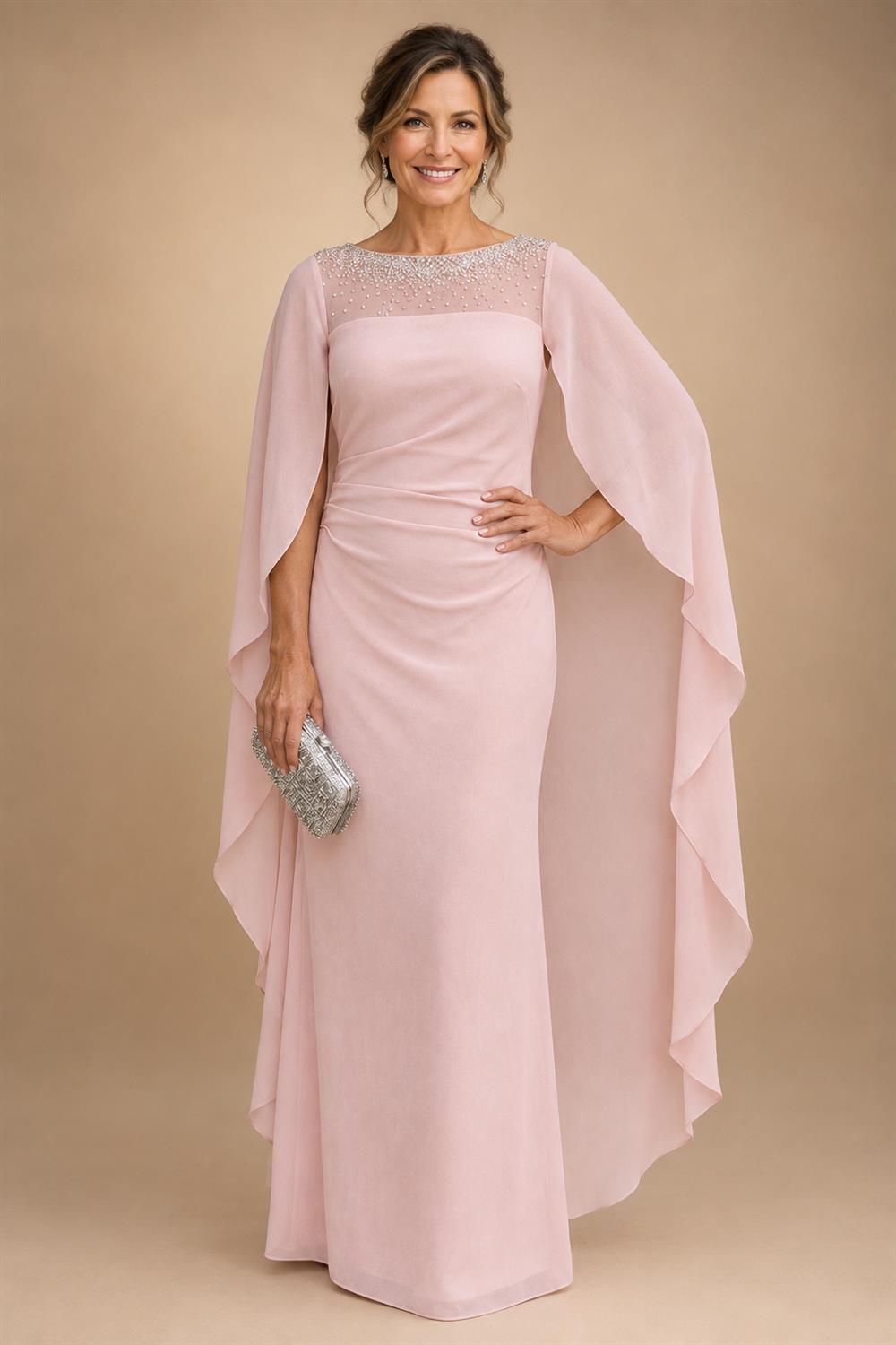 A-Line Chiffon Pleated Long Mother of the Bride & Groom Dresses with 3/4 Flutter Sleeves & Sequin Waist (SHI22500702)