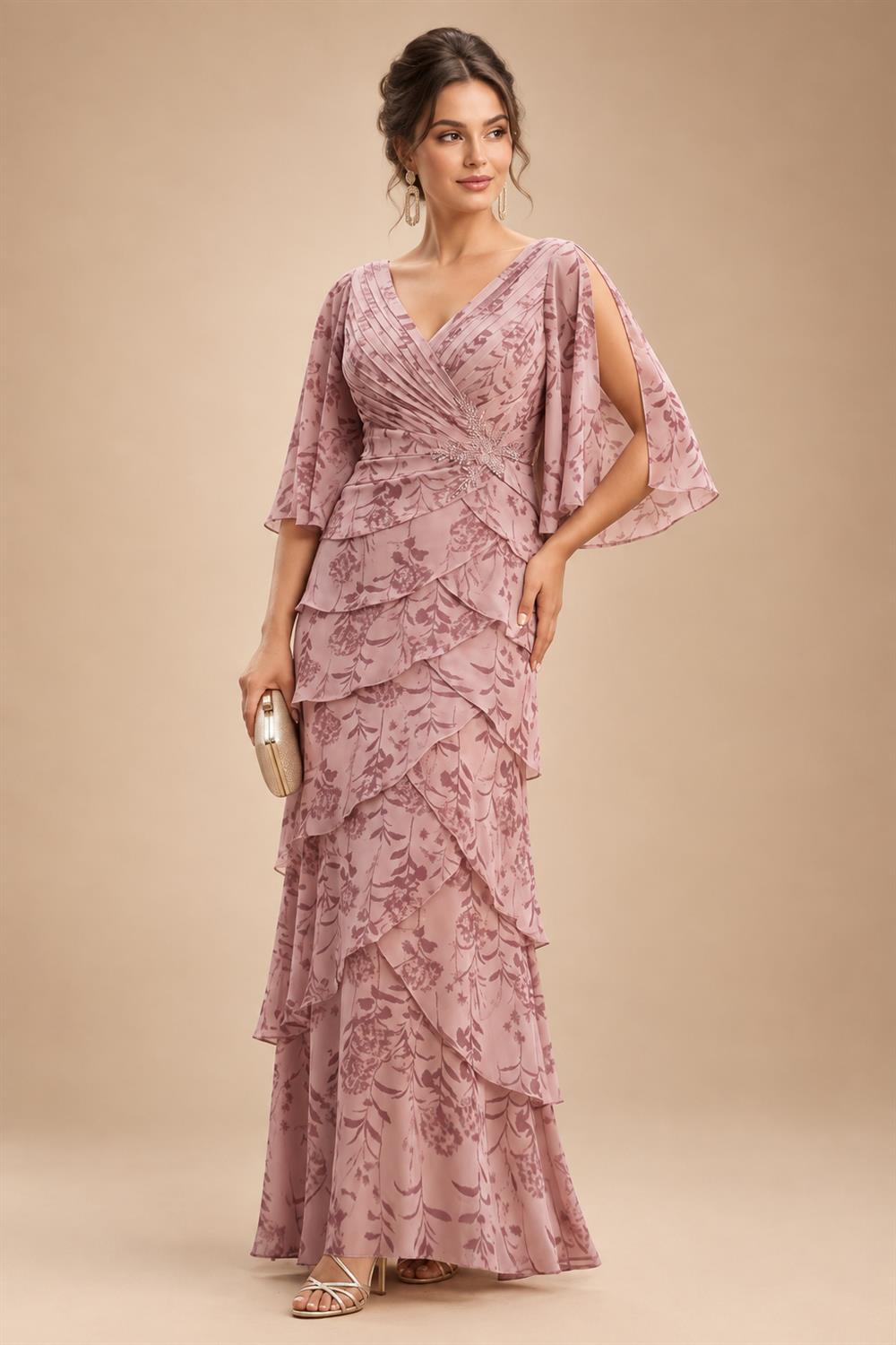 A-Line Chiffon Floral Print 3/4 Cape Sleeves Tiered Mother of the Bride & Groom Dresses with Beaded Waist Embellishment (SHI22500669)