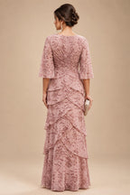 A-Line Chiffon Floral Print 3/4 Cape Sleeves Tiered Mother of the Bride & Groom Dresses with Beaded Waist Embellishment (SHI22500669)