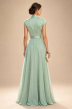 A-Line/Princess Scoop Neck Chiffon Maxi Mother of the Bride & Groom Dresses with Lace Appliques, Sweep Train & Pleats (SHI22501636)