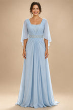A-Line Chiffon Pleated Long Mother of the Bride & Groom Dresses with 3/4 Flutter Sleeves & Sequin Waist (SHI22500702)