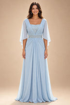 A-Line Chiffon Pleated Long Mother of the Bride & Groom Dresses with 3/4 Flutter Sleeves & Sequin Waist (SHI22500702)