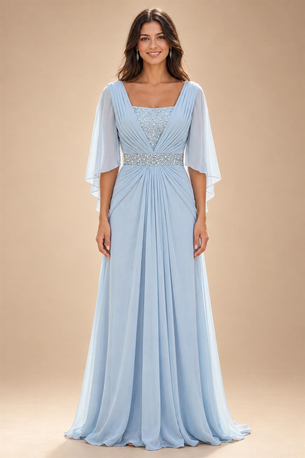 A-Line Chiffon Pleated Long Mother of the Bride & Groom Dresses with 3/4 Flutter Sleeves & Sequin Waist (SHI22500702)