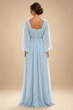 A-Line Chiffon Pleated Long Mother of the Bride & Groom Dresses with 3/4 Flutter Sleeves & Sequin Waist (SHI22500702)