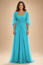 A-Line Chiffon Pleated Long Mother of the Bride & Groom Dresses with 3/4 Flutter Sleeves & Sequin Waist (SHI22500702)