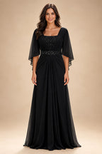 A-Line Chiffon Pleated Long Mother of the Bride & Groom Dresses with 3/4 Flutter Sleeves & Sequin Waist (SHI22500702)