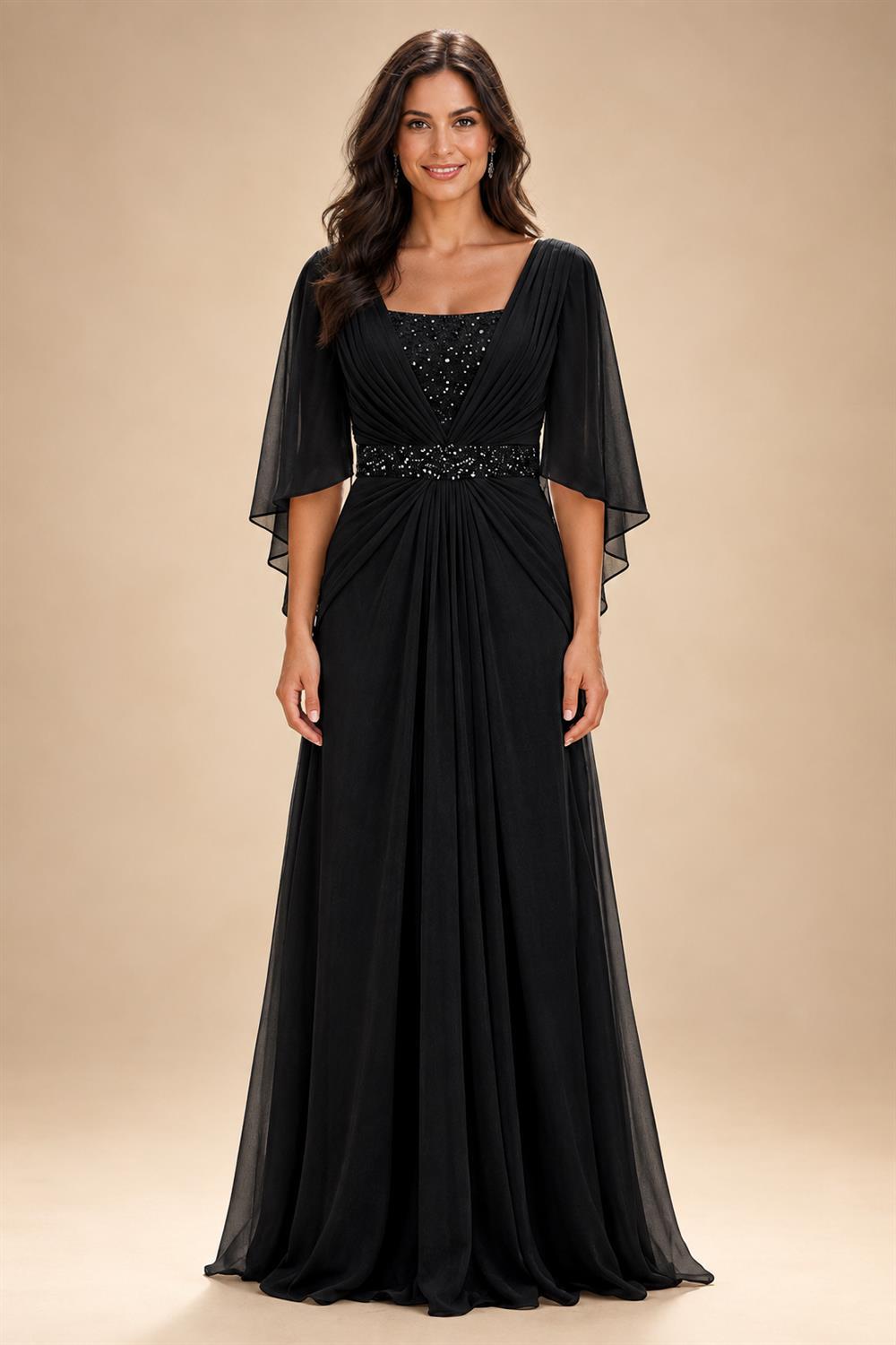 A-Line Chiffon Pleated Long Mother of the Bride & Groom Dresses with 3/4 Flutter Sleeves & Sequin Waist (SHI22500702)