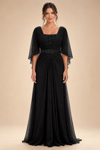 A-Line Chiffon Pleated Long Mother of the Bride & Groom Dresses with 3/4 Flutter Sleeves & Sequin Waist (SHI22500702)